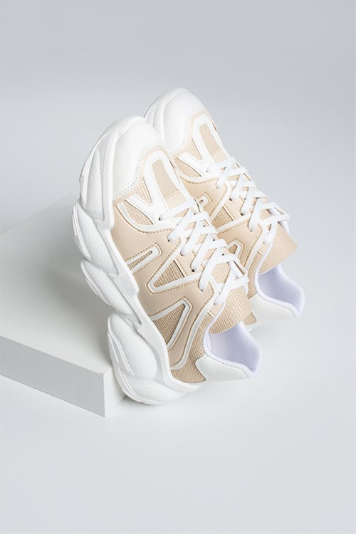 Agatha Beyaz Bej File Bağcıklı Kadın Spor Ayakkabı
