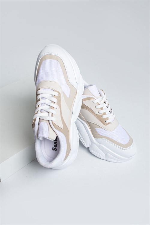 Calypso Beyaz Bej Bağcıklı Kadın Spor Ayakkabı